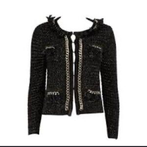 Elisabetta Franchi Chic Black Tweed Blazer with Gold Chain Chain Detail
